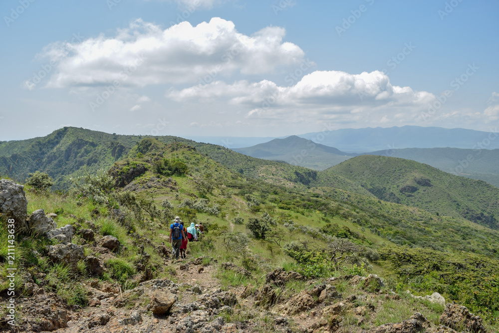Hikers in the Oloroka Mountain Range, Rift Valley, Kenya