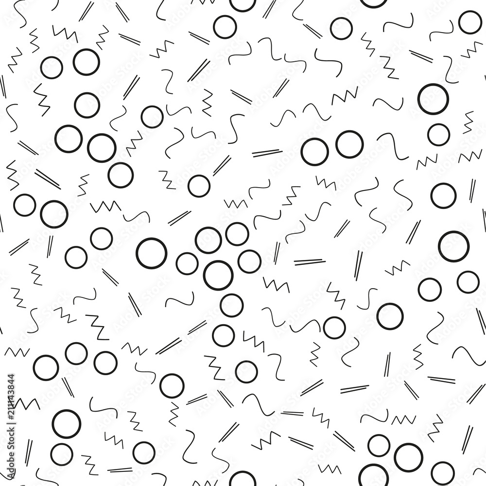 Seamless minimalist pattern. Geometric background with shapes, lines. Black and white color. Retro style 80s-90s.