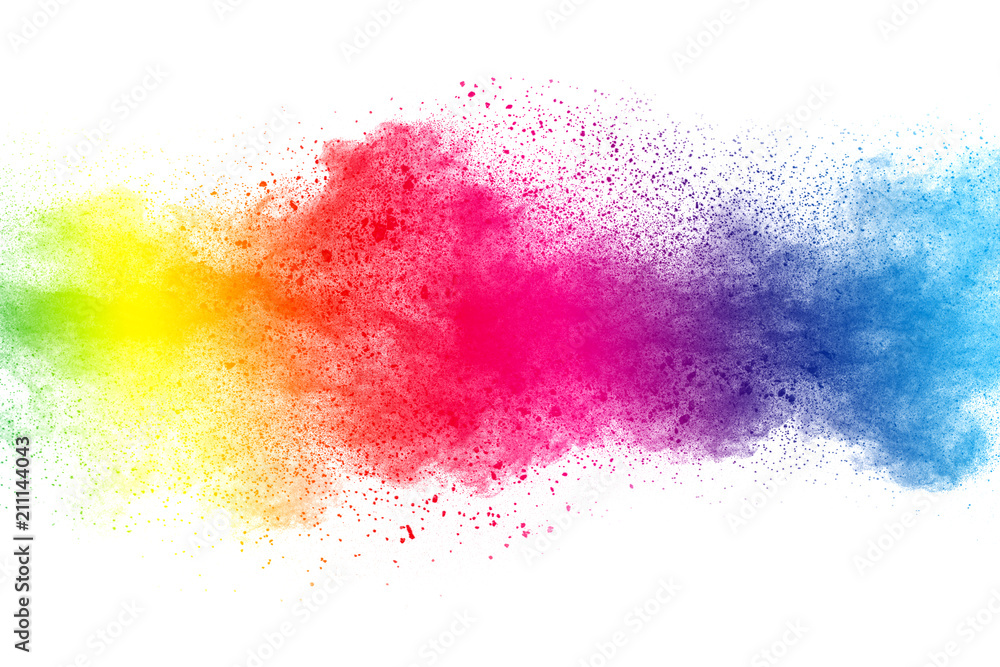 Abstract multi color powder explosion on white background. Freeze motion of dust particles splashing. Painted Holi in festival.