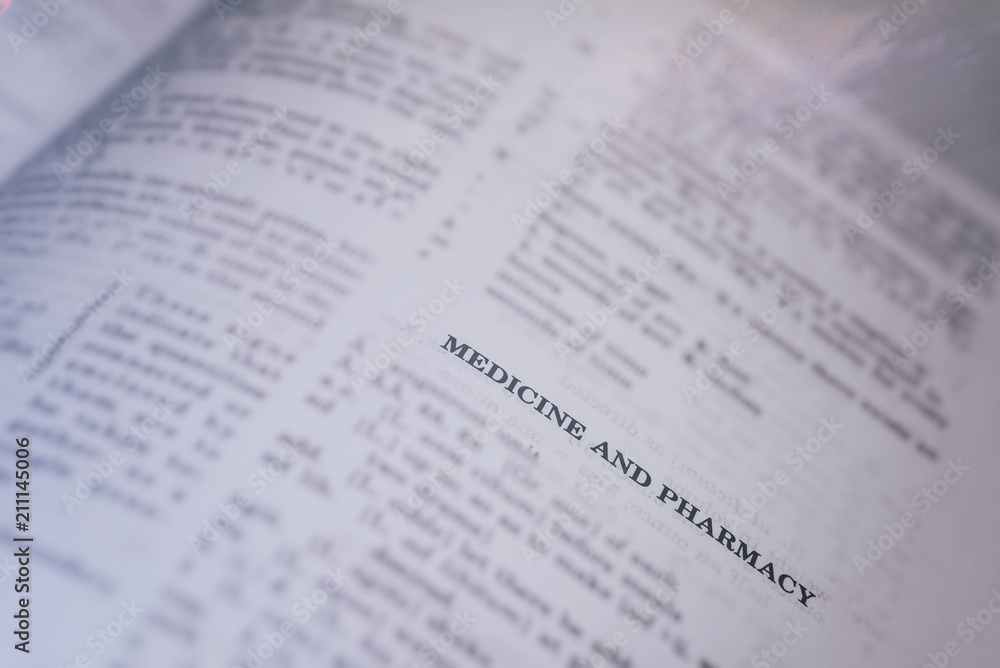 Medicine and Pharmacy word on text book Medicine and Pharmacy word on text book