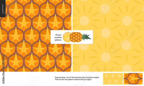 Food patterns - fruit, vector flat pineapple texture - two seamless patterns of brown pineapple rind full of orange spines and yellow juicy pulp, and flat simple entire pineapple with a round chunk