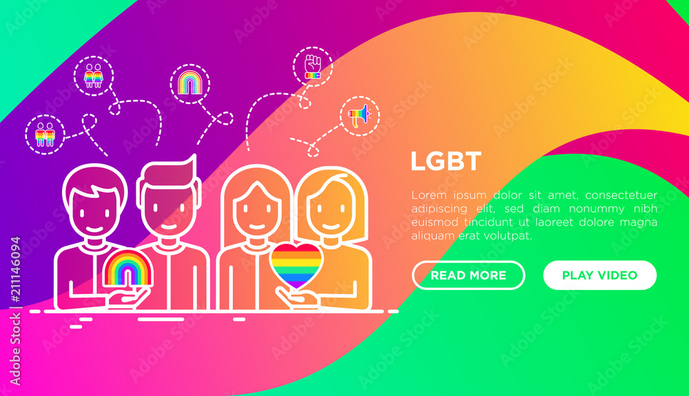 LGBT concept: gay couple with rainbow and lesbian couple with heart. Thin line icons: coming out, free love, support, LGBT rights. Modern vector illustration, web page template on gradient background.