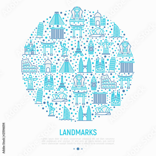Travel landmarks concept in circle with thin line icon: Eiffel tower, Statue of liberty, Pyramid of Cheops, Opera House, Coliseum, Big Ben, Pisa Leaning tower, Taj Mahal. Vector illustration.