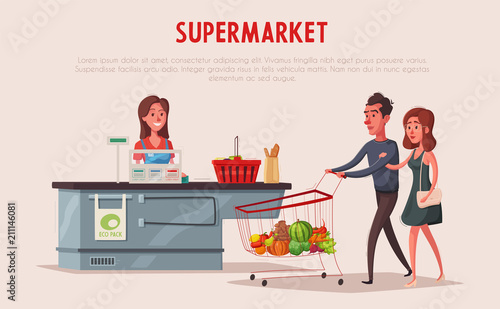 Retail woman cashier and happy couple with purchases. Cartoon vector illustration