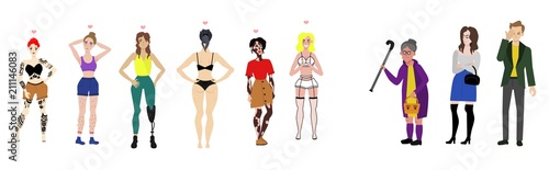 Body positive women and angry irritated people set. young female characters with vitiligo skin disease, leg prosthesis handicap, tattoo all the body, cellulitis and excessive hair on legs, armpit