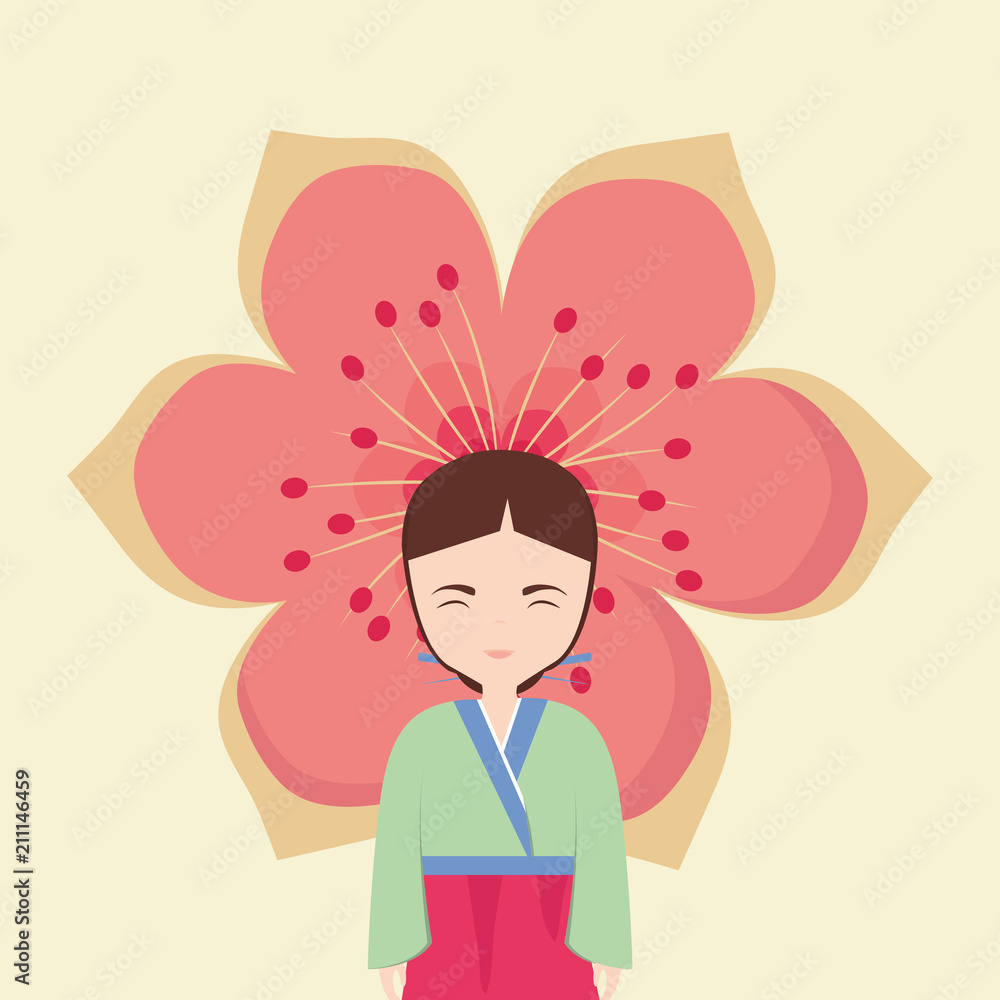 Cartoon asian girl wearing a kimono over pink blossom and yellow background, colorful design. vector illustration Cartoon asian girl wearing a kimono over pink blossom and yellow background, colorful design. vector illustration