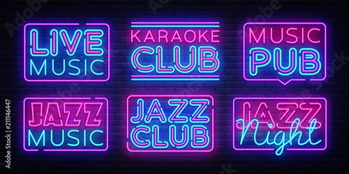 Big collection Live Music neon signs vector. Jazz Music design template neon sign, light banner, neon signboard, nightly bright advertising, light inscription. Vector illustration