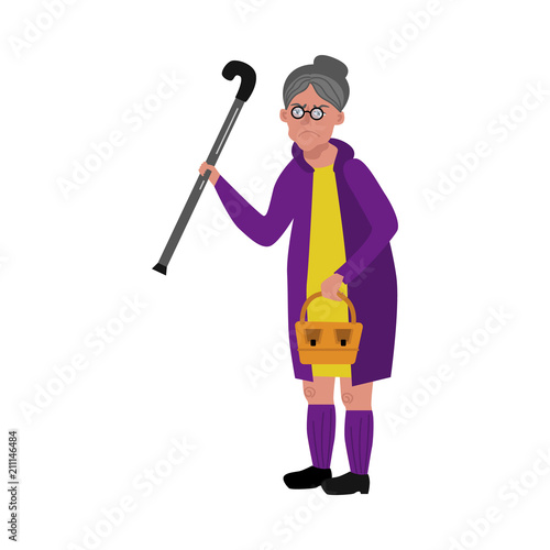 Old woman walking with cane, wicker basket in glasses, rubber boots and coat with angry dissatisfied face emotion. Elderly senior female characterm grandmother unhappy face. Vector flat illustration