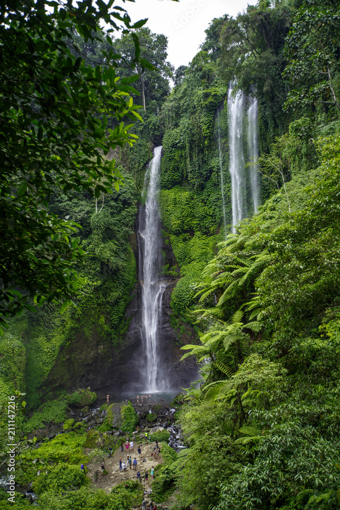 Hidden in jungles beautiful Sekumpul waterfall on Bali, Indonesia