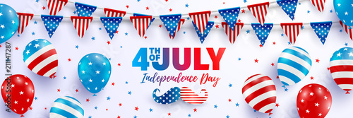 4th of July poster template.USA independence day celebration with balloons and garland of american triangle flag.USA 4th of July promotion advertising banner template for Brochures,Poster or Banner