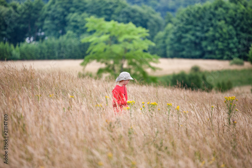 A boy playing, running, walking on the meadow, in high grass. Holidays in Poland, Beautiful nature, Lake District. photo