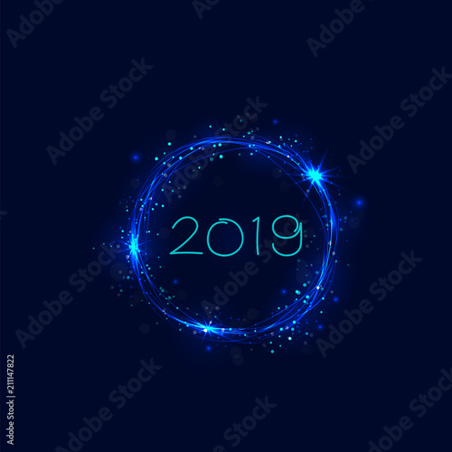 Happy New Year 2019.Vector illustration for holiday design.Party poster.Greeting card,banner or invitation template.Abstract burning circles with glitter swirl trail effect.Glowing lights