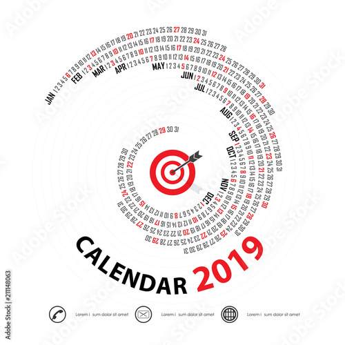 2019 Calendar Template.Spiral calendar.Calendar 2019 Set of 12 Months.Vector design stationery template.Vector Illustration