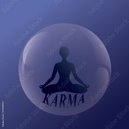 Vector illustration of a silhouette of a man in a lotus pose in a glass bowl with an inscription of karma.