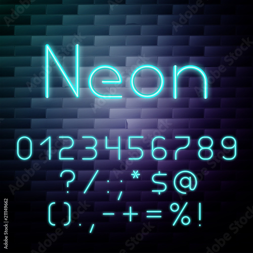 Glowing neon alphabet numbers