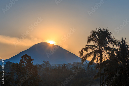 Fantastic sunrise with amazing view on volcano Agung and Jungles with Rice Terraces in Bali. series travels.