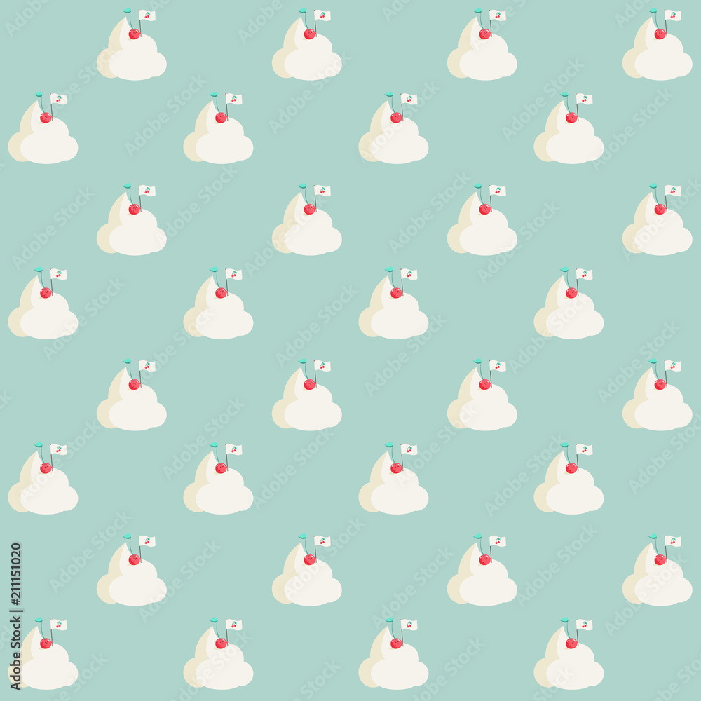 Fototapeta premium Pattern based on a kawaii Summer illustration of a cherry fruit placing a cherry flag on the top of a mountain made of sweet whipped cream. Background is candy light green. A real conquerer!