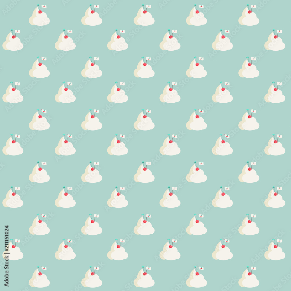 Pattern based on a kawaii Summer illustration of a cherry fruit placing a cherry flag on the top of a mountain made of sweet whipped cream. Background is candy light green. A real conquerer!