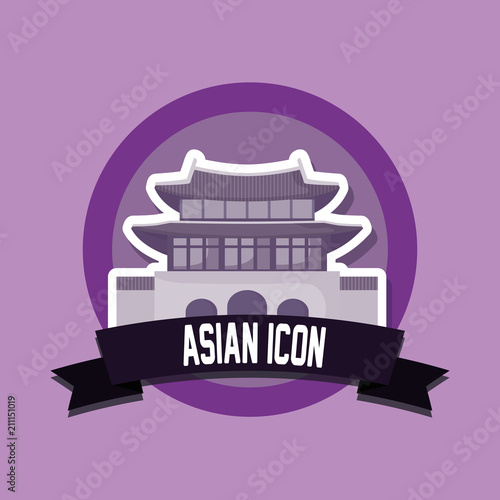 emblem with decorative ribbon and iconic palace of asia over purple background, colorful design. vector illustration