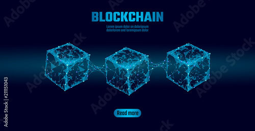 Blockchain cube chain symbol on square code big data flow information. Blue neon glowing modern trend. Cryptocurrency finance bitcoin business concept vector illustration background template