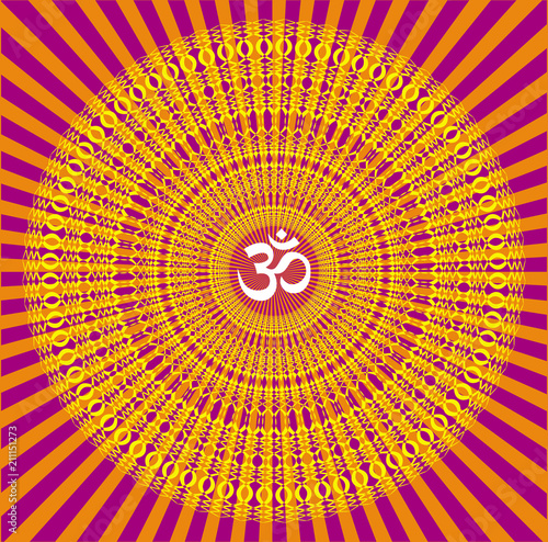 Graphic mandala with Aum / om / ohm sign in yellow, orange, purple colors. Spiritual symbol. Laced Ornament. Vector picture