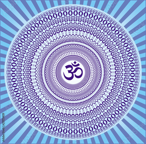 Graphic mandala with Aum / om / ohm sign in blue, cyan colors. Spiritual symbol. Laced Ornament. Vector picture
