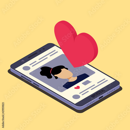Social media concept. Smartphone and social network photo. Isometric composition. Vector illustration