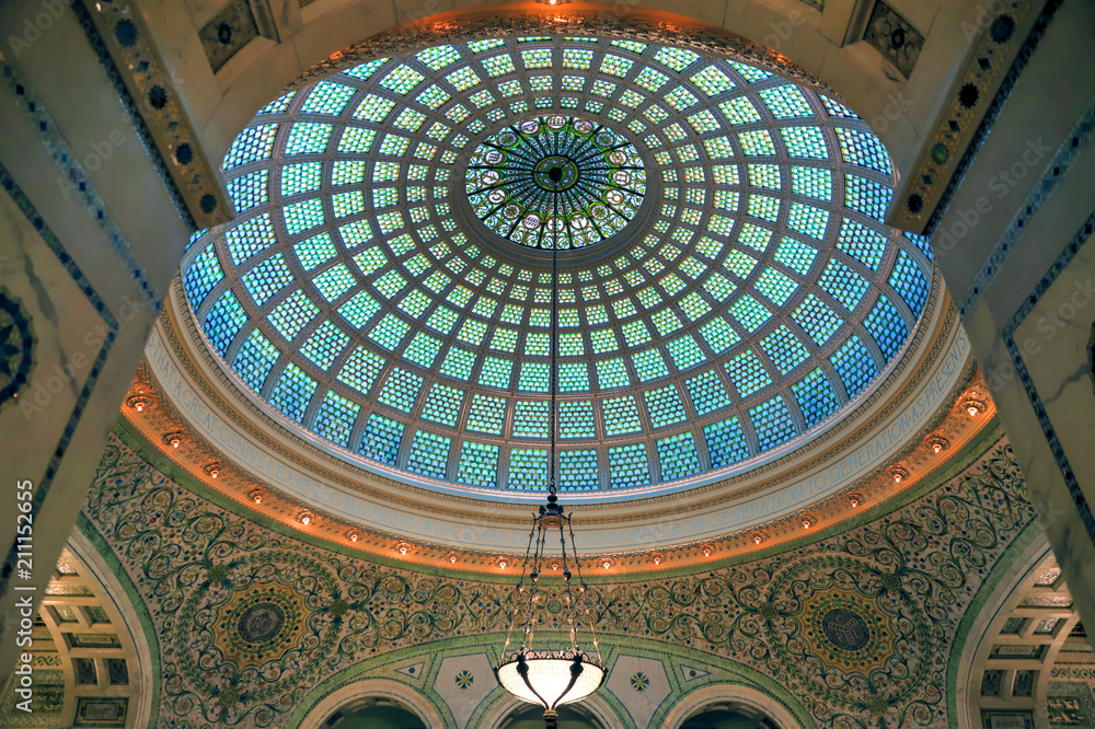 Naklejka premium Chicago, Illinois, USA - June 22, 2018 - View of the interior and of the dome at the Chicago Cultural Center.