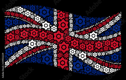 Waving United Kingdom state flag on a black background. Vector flower items are placed into geometric Great Britain flag composition. Patriotic illustration combined of flower pictograms.