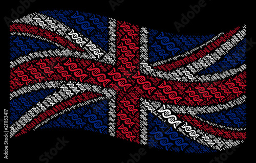 Waving UK official flag on a black background. Vector DNA spiral pictograms are arranged into geometric English flag collage. Patriotic illustration combined of DNA spiral elements.