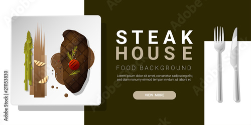 Grilled beef, strip loin steak and spices served on plate, food background , vector , illustration