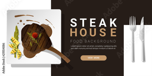Grilled beef, tomahawk steak and spices served on plate, food background , vector , illustration