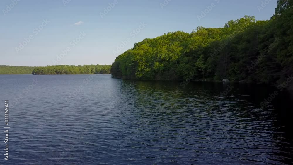 Drone Glides Next to Heavily Wooded Shoreline over Calm Waters Drone Glides Next to Heavily Wooded Shoreline over Calm Waters