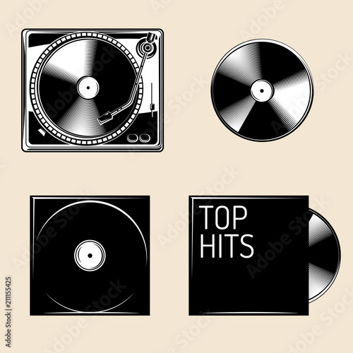 Turntable and vinyl discs black icons