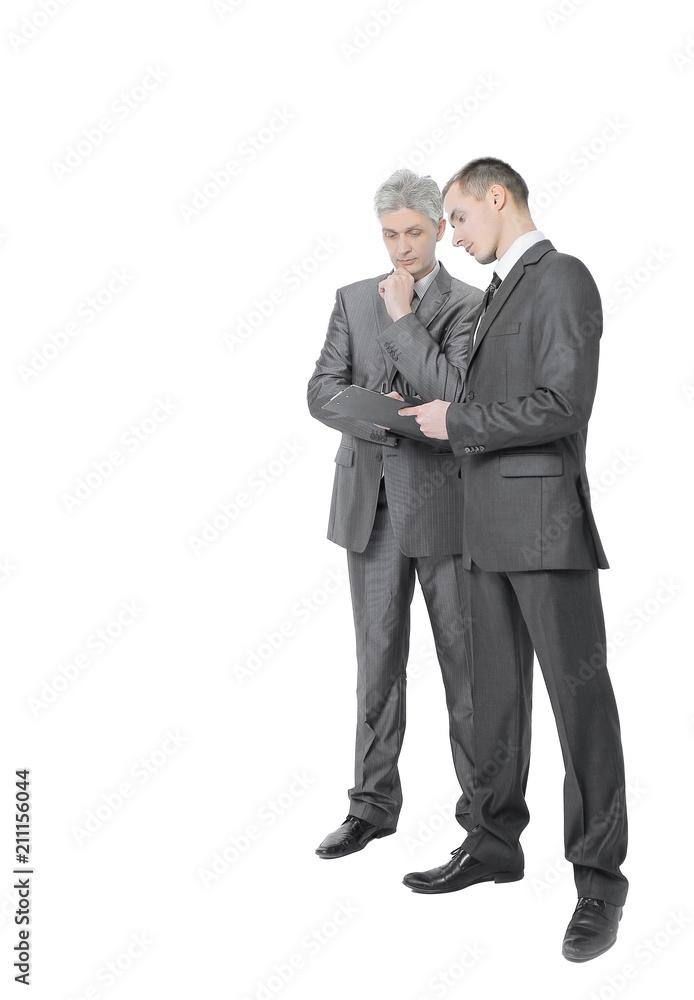 two members of the company discussing a working paper. two members of the company discussing a working paper.