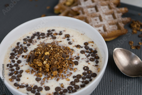 Breakfast - granola with soy milk and waffles