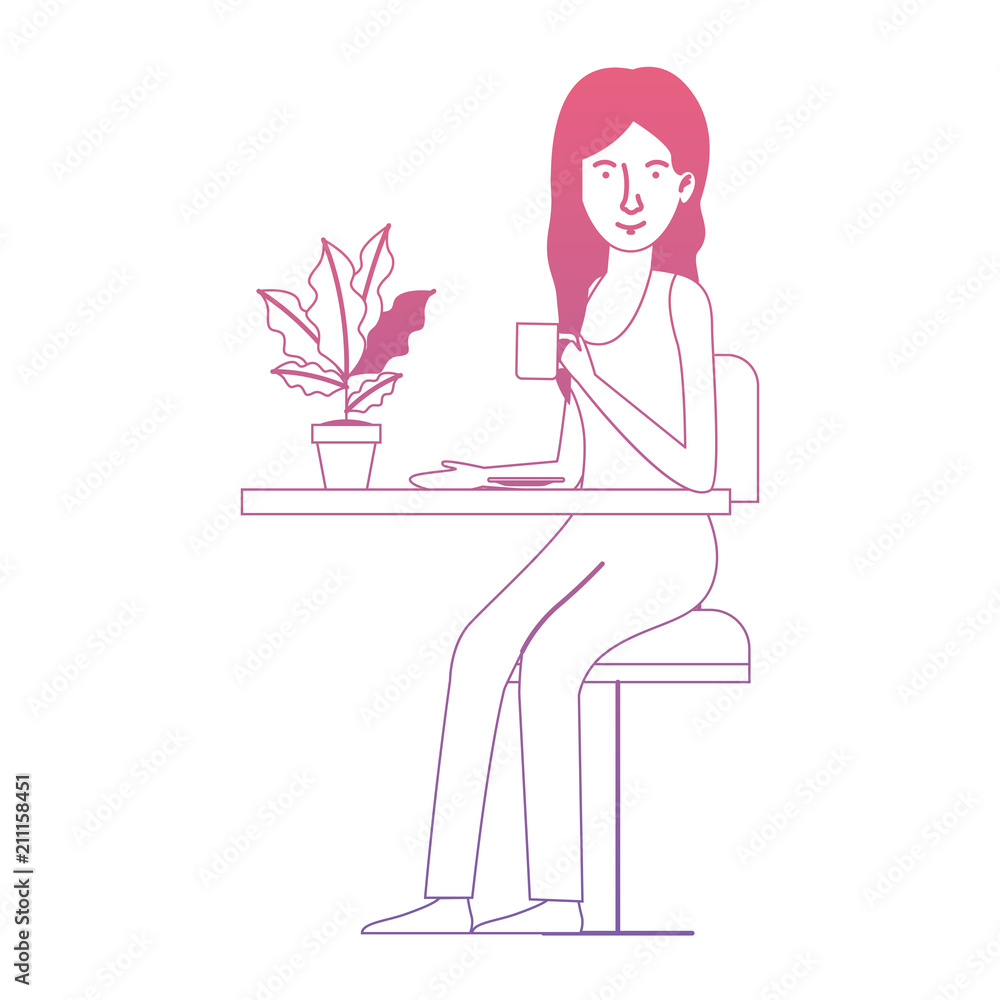 woman in the table drinking coffee with house plant vector illustration design woman in the table drinking coffee with house plant vector illustration design