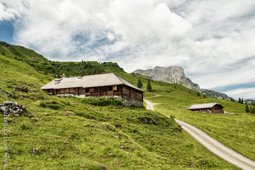 Scenery moody view of traditional old grunge wooden Alpine mountain chalet, green meadows, mountain pastures, Griesalp mountains and pine trees Scenery moody view of traditional old grunge wooden Alpine mountain chalet, green meadows, mountain pastures, Griesalp mountains and pine trees