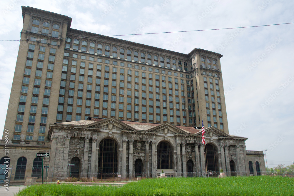 DETROIT, MICHIGAN, UNITED STATES - MAY 5th 2018: A view of the old Michigan Central Station building in Detroit which served as a major railway depot from 1914 - 1988