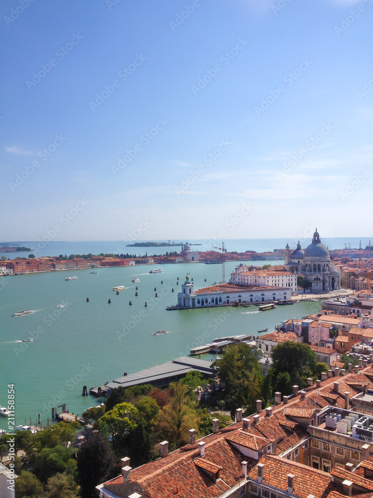 Venice Top aerial view from the bell tower of San Marco (Companile di San Marco), Venice, Italy, Europe.