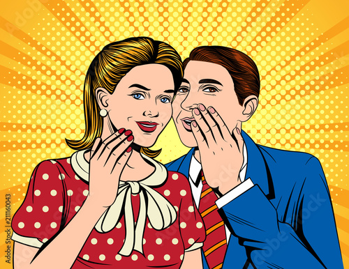 Vector colorful pop art comic style illustration of a man telling a secret to a woman. Two close colleagues are speaking
