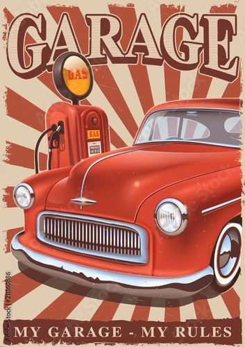 Vintage poster with classic car and old gas pump.