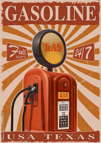 Vintage poster with old gas pump.