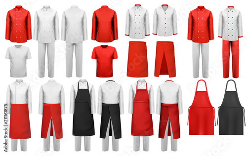 Big collection of culinary clothing, white and red suits and aprons. Vector.