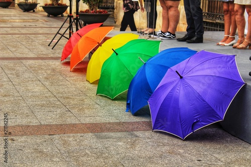 Rainbow flag of umbrellas in the town hall
