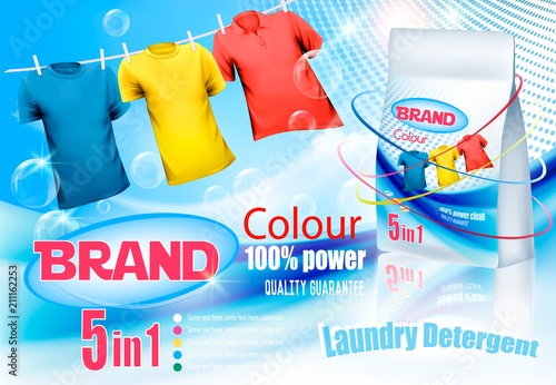 Laundry detergent ad. Colorful clothes hanging on rope and plastic bag. Design template. Vector