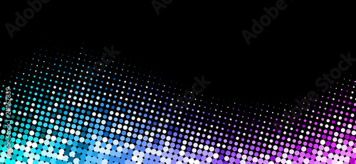 Black background with colorful halftone dotted pattern.