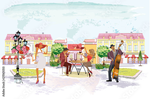 Series of people drinking coffee inside romantic café, jazz musicians, waiters serve the tables. Hand drawn illustrations.