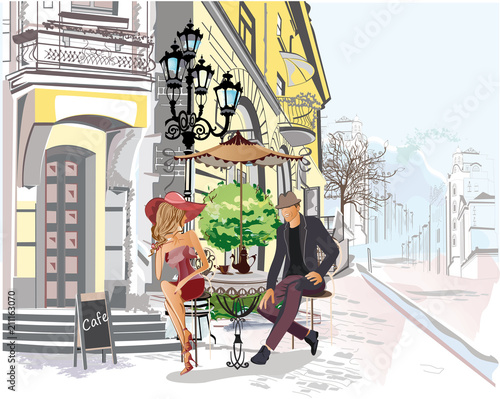 Series of people drinking coffee inside romantic café, jazz musicians, waiters serve the tables. Hand drawn illustrations.