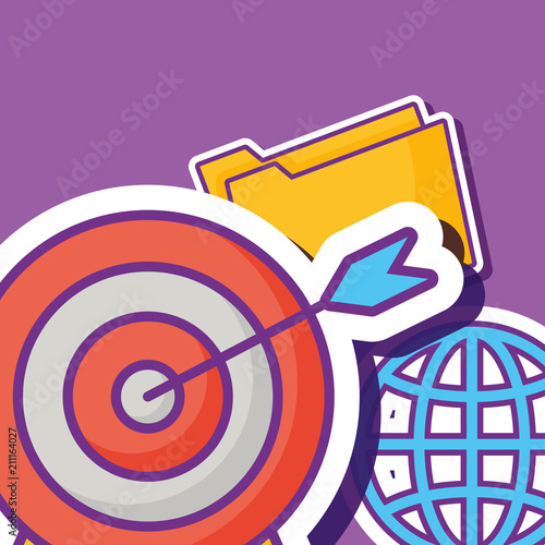 global sphere and target  icon over purple background, colorful design. vector illustration